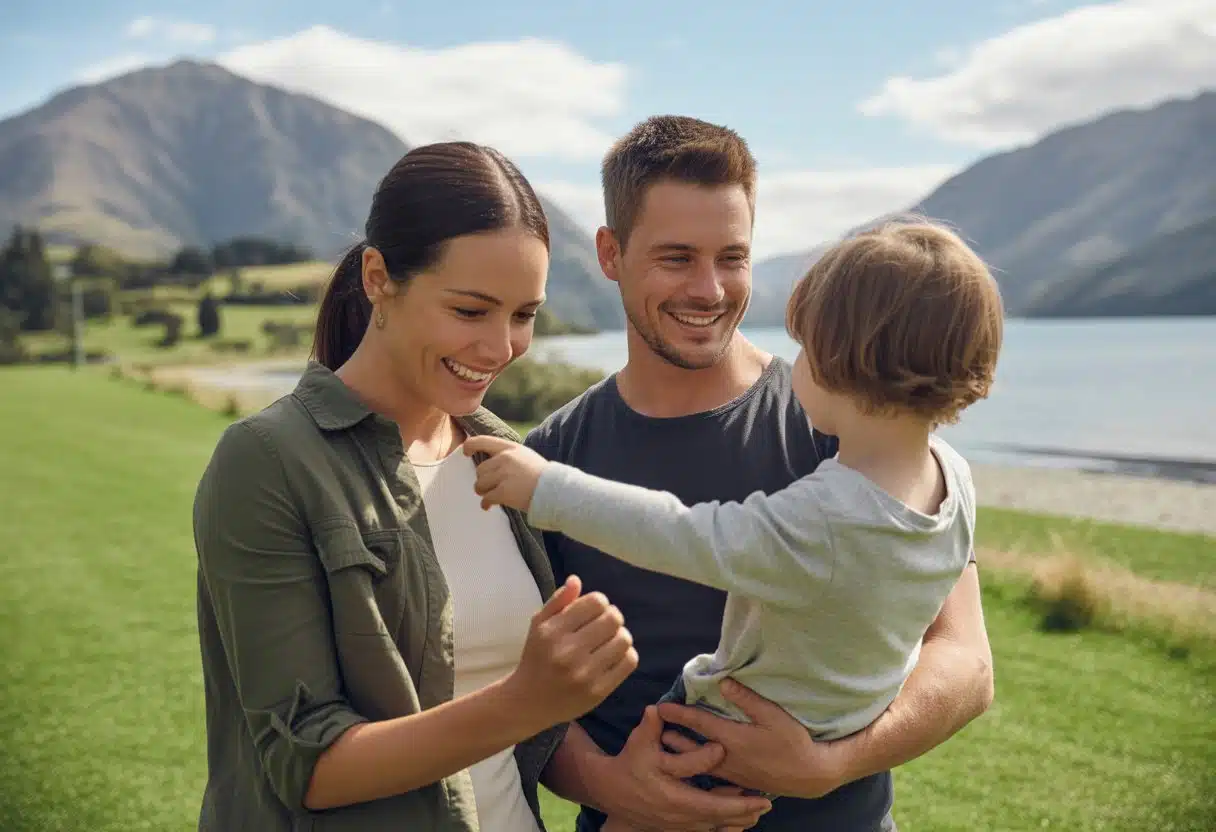 Couple co-parenting in New Zealand with their child near a lake photo