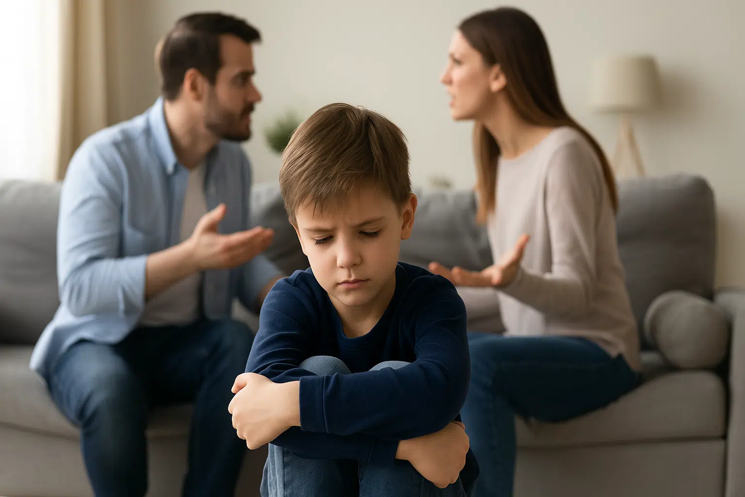 Distressed child sits alone as parents argue in the background