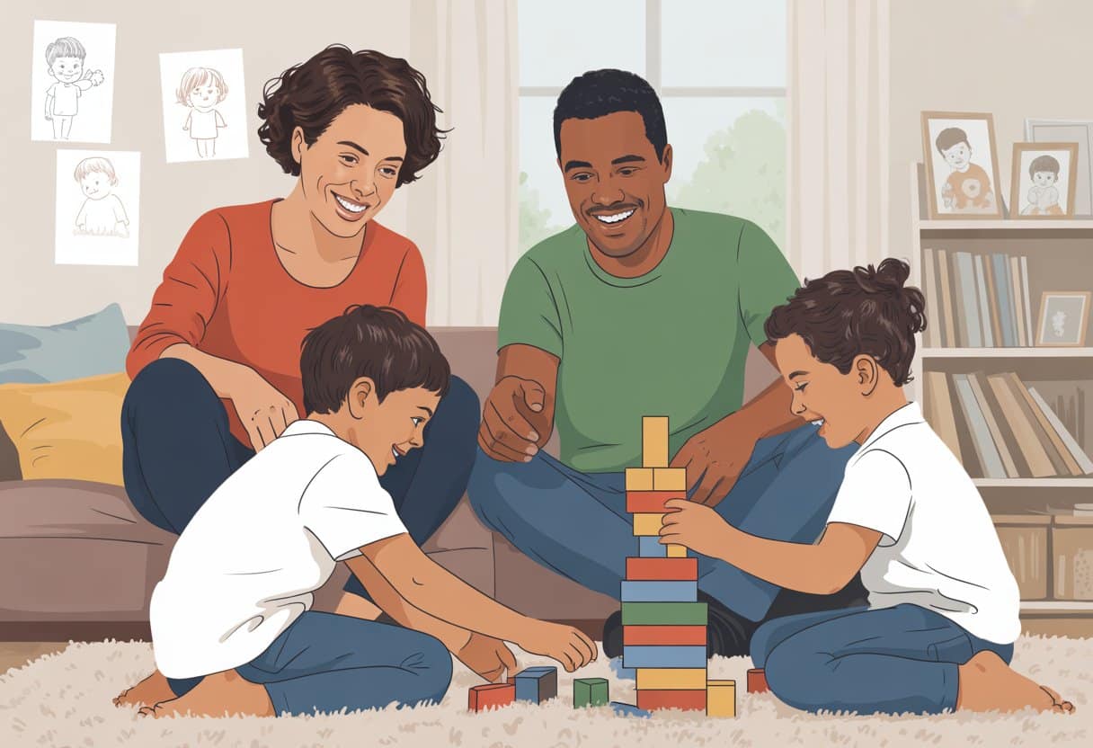 Family playing with building blocks on the living room floor illustration