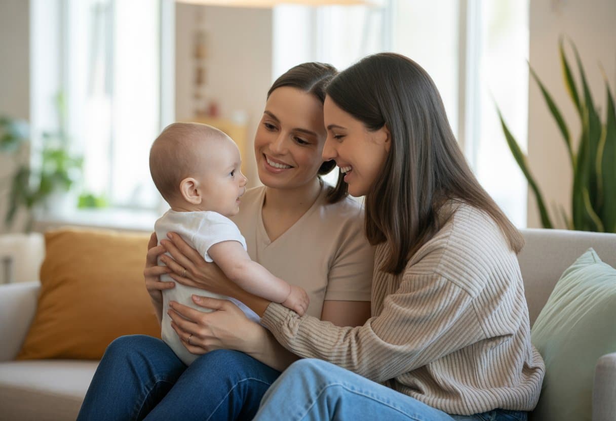 Lesbian couple with baby born from sperm donation same-sex family photo