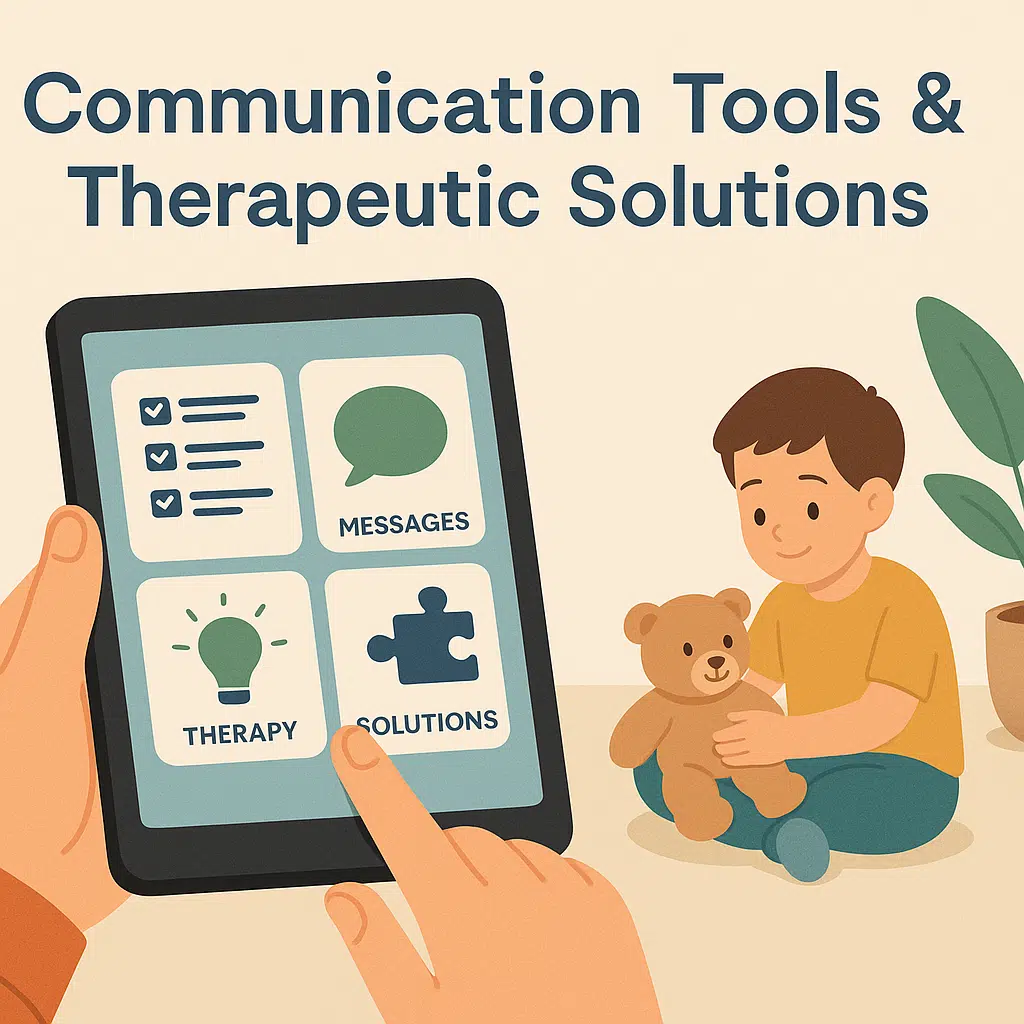 Parent explores therapy-based tools on a tablet while child plays beside them