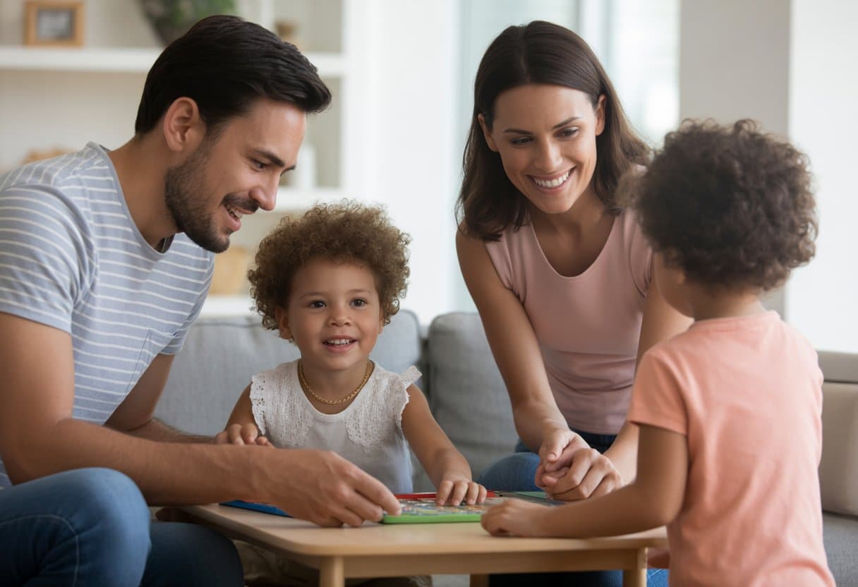 Parents and two young children playing a board game at home photo