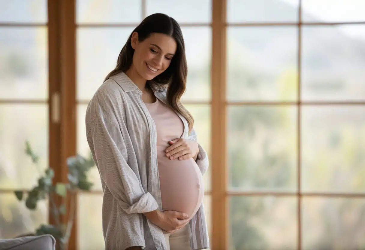 Pregnant surrogate woman holding her baby bump at home photo