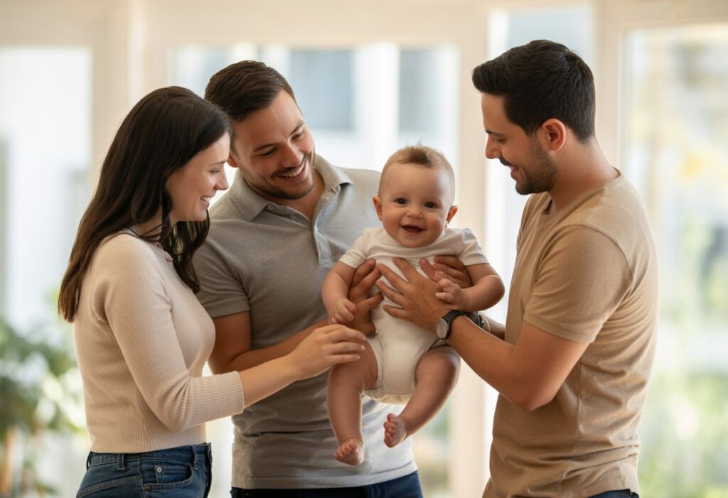 Smiling family holding a happy baby indoors photo