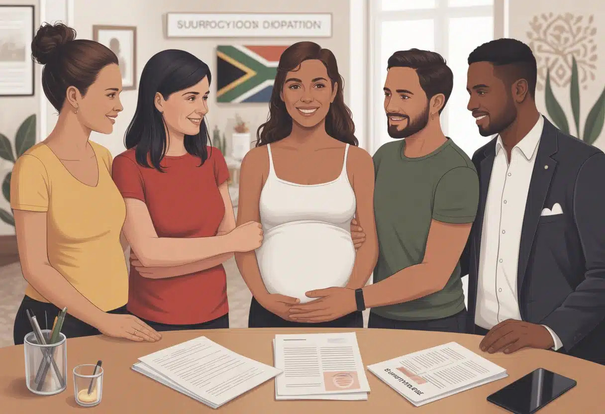 Surrogate mother in South Africa with intended parents signing a surrogacy agreement illustration