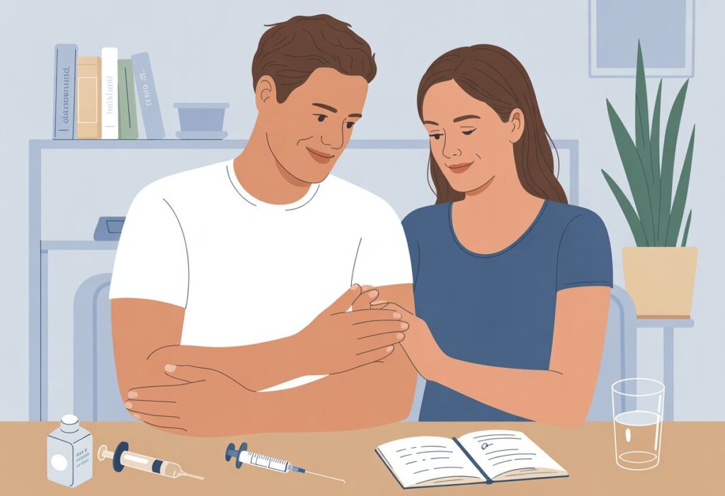 A couple in a calm home setting preparing for at-home insemination with medical supplies on a table, showing a supportive and hopeful atmosphere.