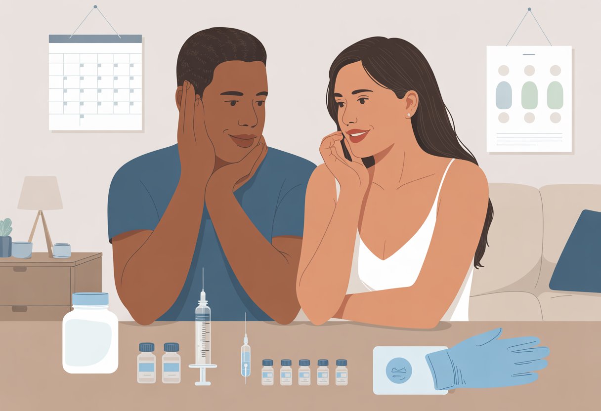 A couple preparing for DIY insemination at home with medical supplies on a table in a calm, supportive environment.