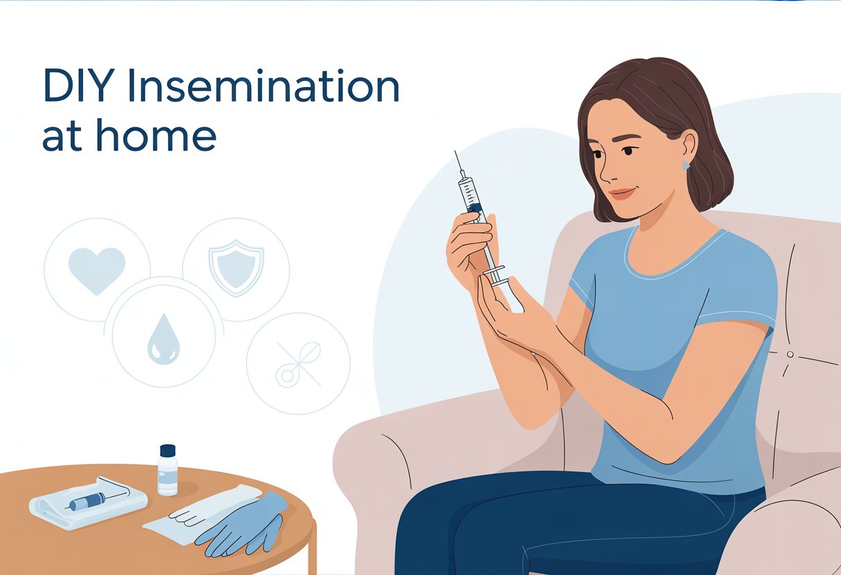 A woman sitting on a couch at home holding a small medical syringe, with medical supplies on a nearby table, conveying a safe and private environment for DIY insemination.