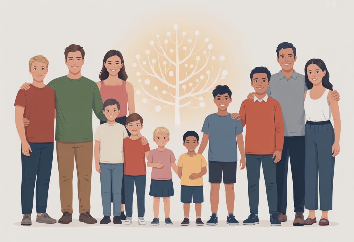 A group of diverse people of different ages standing together with a glowing family tree connecting them, representing family relationships and identity