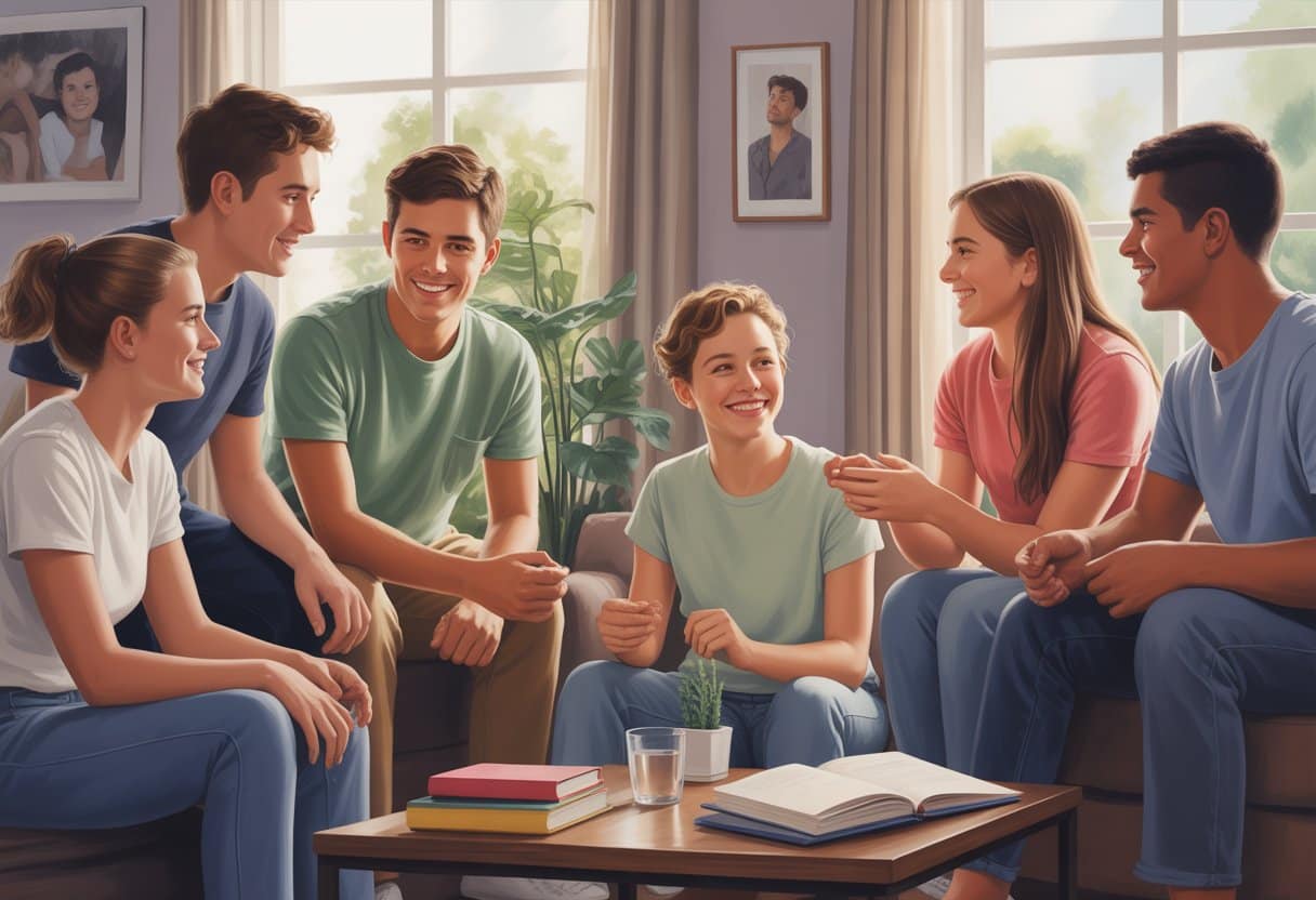 A group of young people with similar features talking and smiling together in a comfortable living room