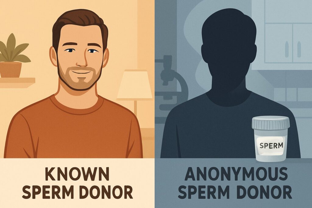 An illustration showing a known sperm donor on one side and an anonymous sperm donor on the other