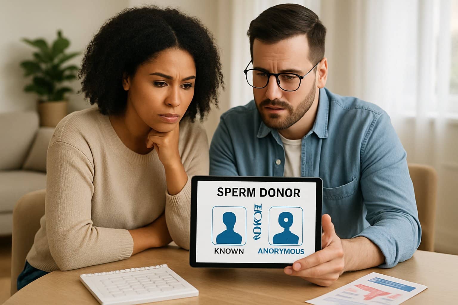 Couple thoughtfully considering sperm donor options known vs anonymous