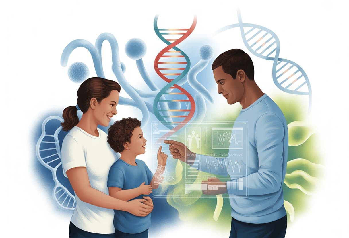 A family of three interacting with digital representations of DNA strands and genetic data, surrounded by abstract images of cell nuclei and chromosomes