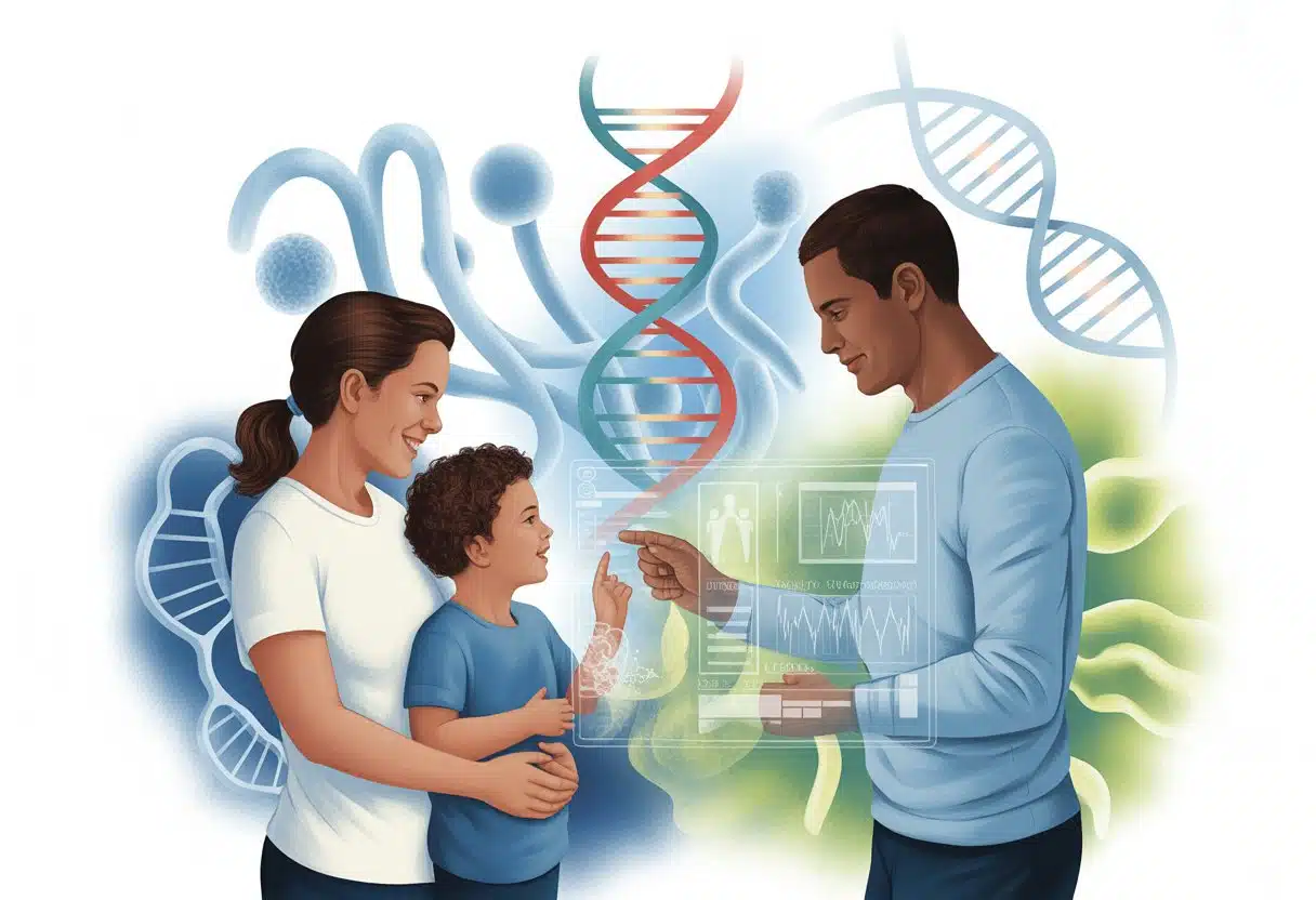 A family of three interacting with digital representations of DNA strands and genetic data, surrounded by abstract images of cell nuclei and chromosomes