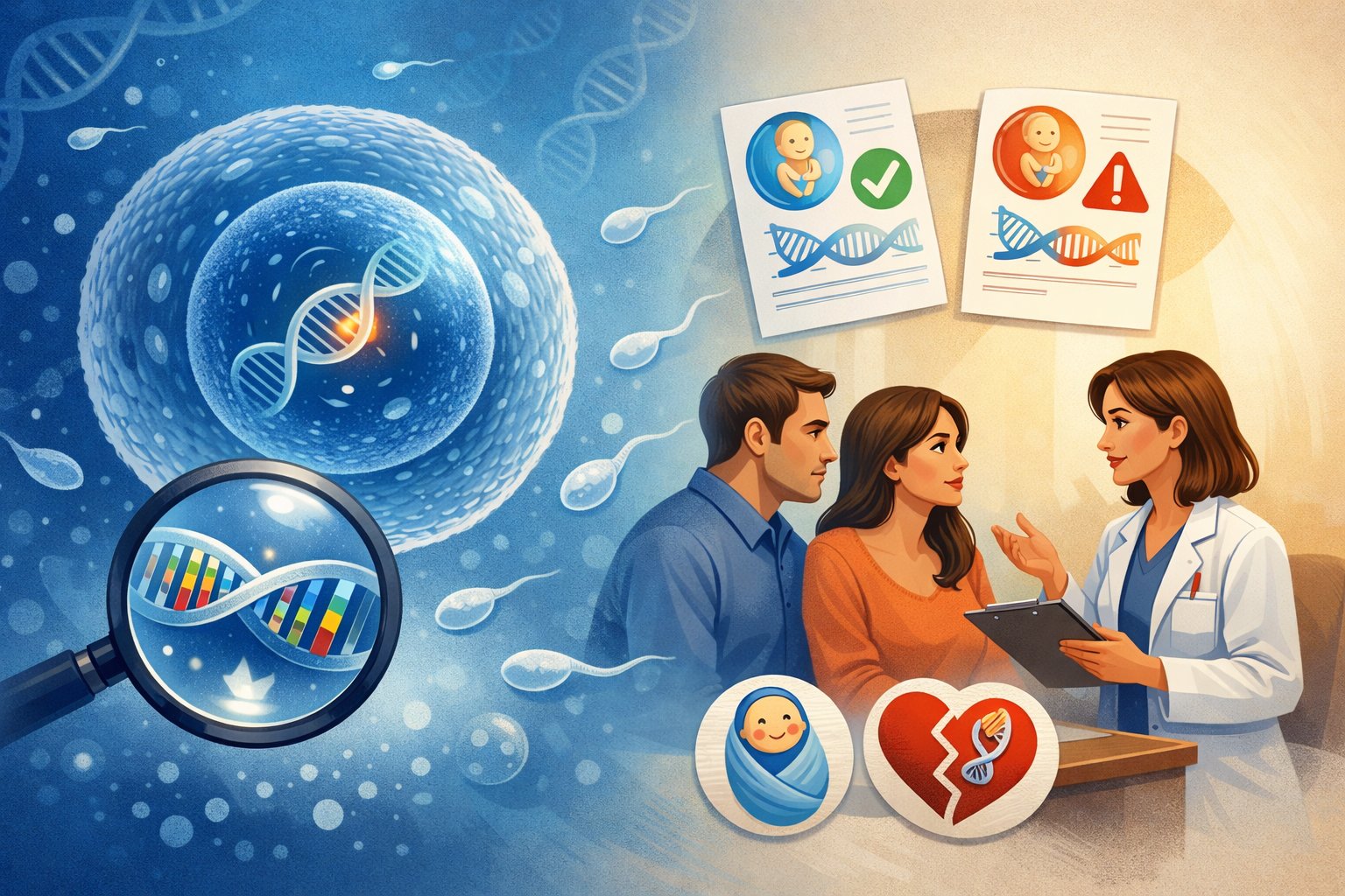 Illustration of genetic testing and IVF counseling, showing DNA analysis, sperm and egg cells, and a doctor advising a couple about embryo genetic screening and pregnancy risks