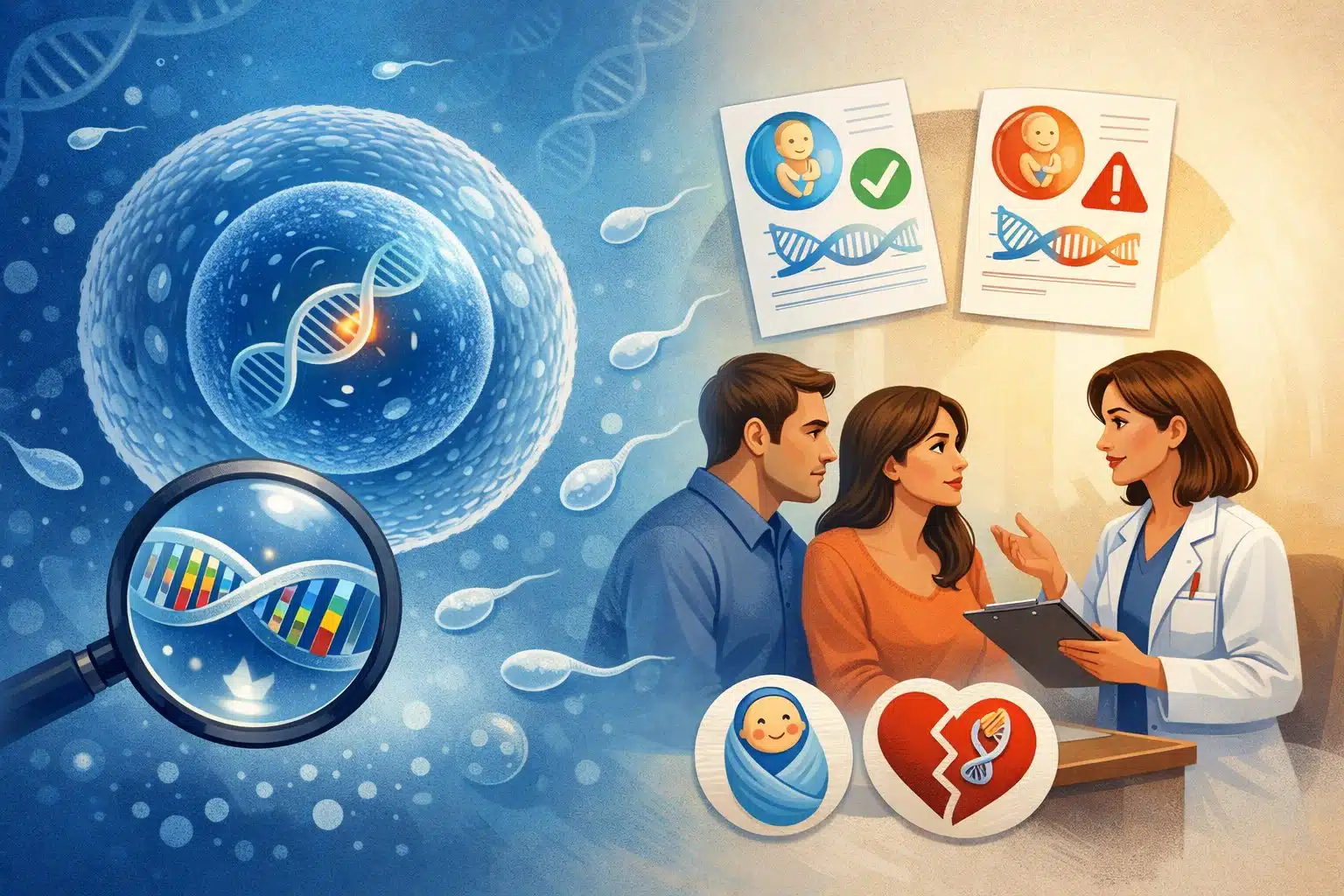 Illustration of genetic testing and IVF counseling, showing DNA analysis, sperm and egg cells, and a doctor advising a couple about embryo genetic screening and pregnancy risks