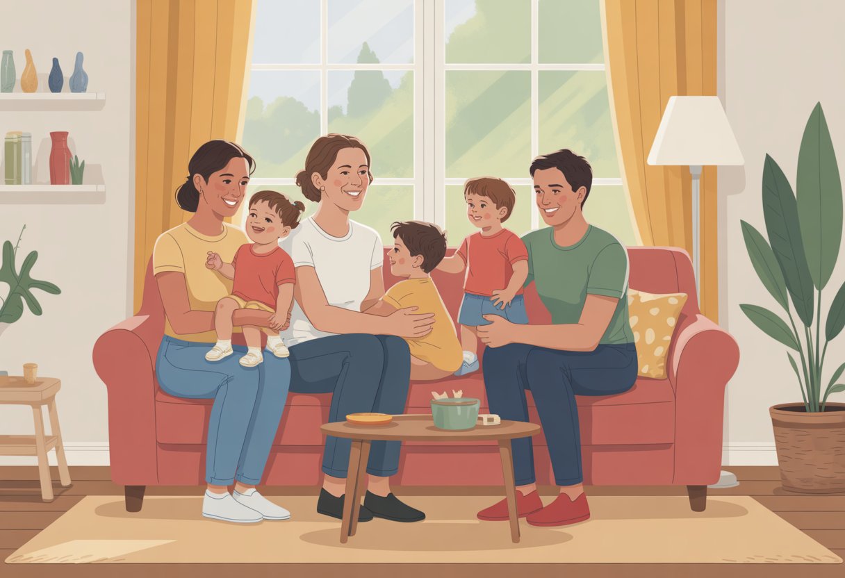 A group of three gay lesbian and children interacting in a comfortable living room, showing a multi-parent family sharing childcare and support