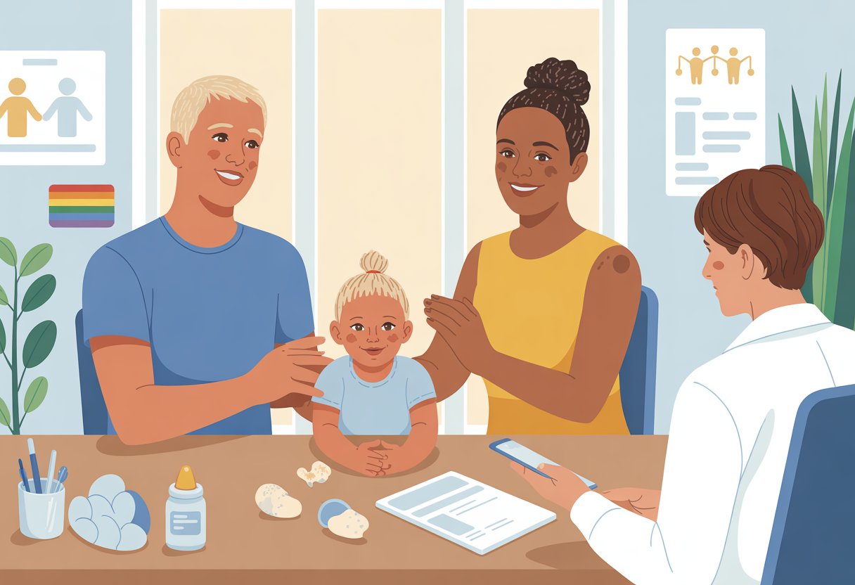 A trans person and a non-binary person talking with a healthcare professional in a bright clinic, surrounded by baby items and family symbols