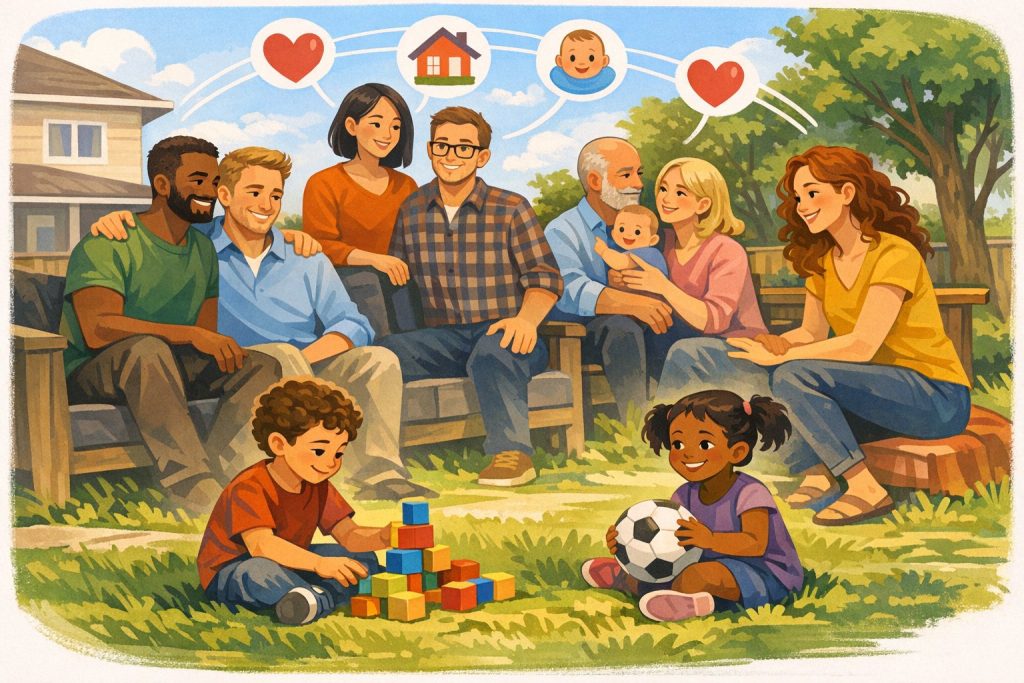 Diverse multi-generational family gathering in backyard with adults sitting on bench and children playing with toys on grass, illustrated in warm watercolor style with icons of heart, house