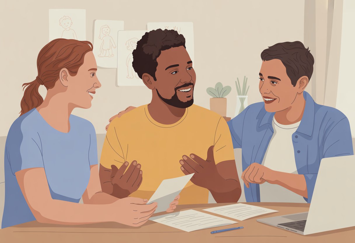 Three diverse people sitting around a table in a cozy room, discussing and planning together with warm expressions and family-related items in the background