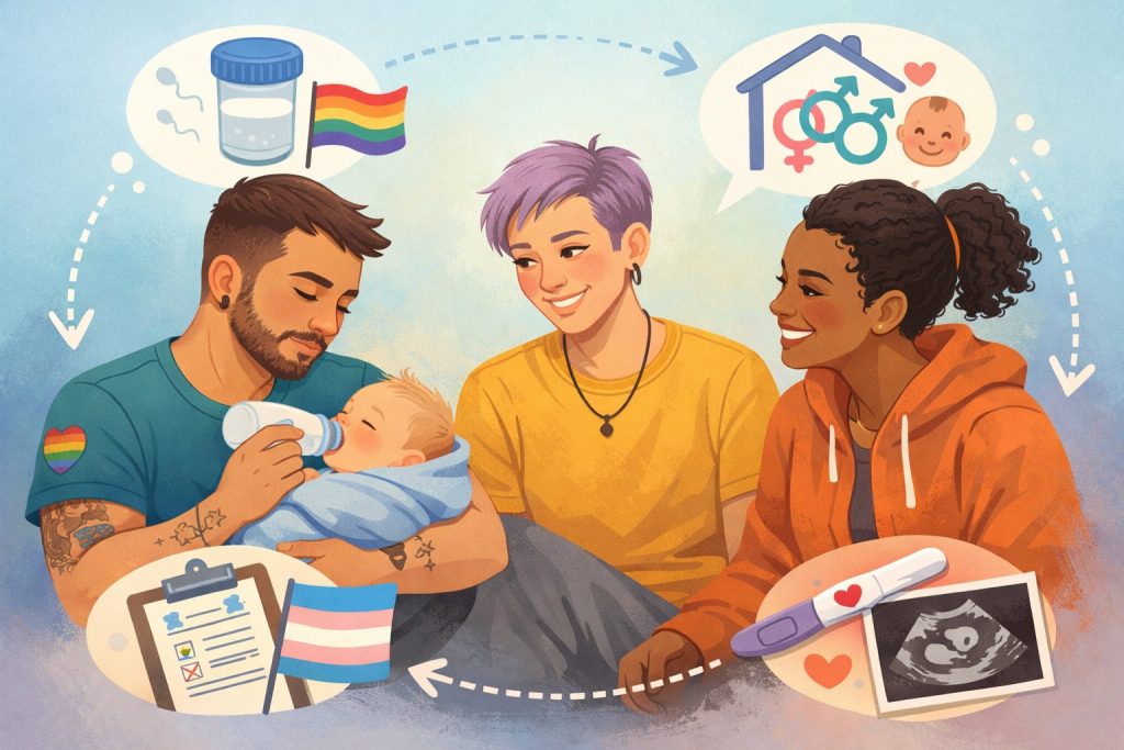 Trans and non-binary co-parenting with three diverse parents caring for baby surrounded by LGBTQ+ symbols sperm donation and ultrasound icons