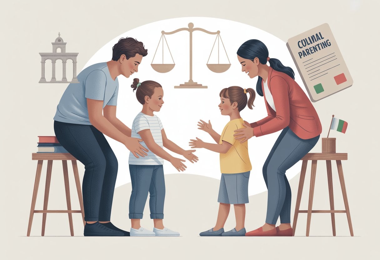 Due adulti che collaborano serenamente nella cura di due bambini in un ambiente domestico italiano, con simboli legali sullo sfondo