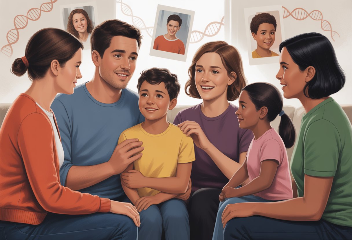 Una familia diversa reunida en una sala acogedora, mostrando emociones de sorpresa y esperanza mientras un joven conoce a sus hermanos biológicos por primera vez