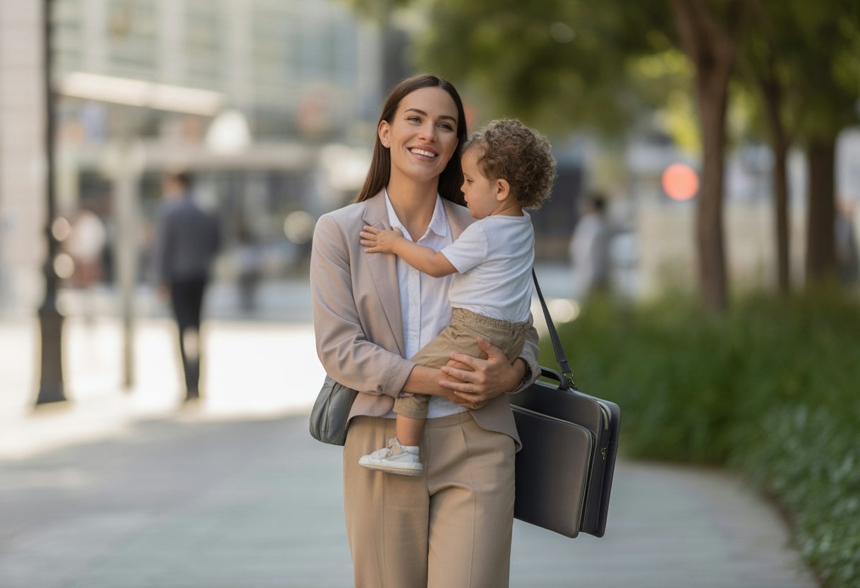 Madre soltera sosteniendo a su hijo pequeño en un entorno urbano moderno